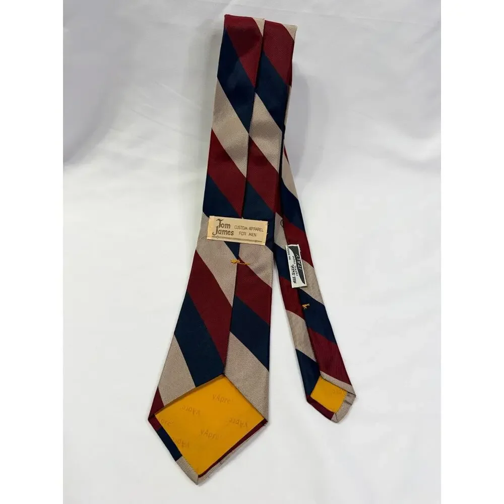 Vintage Tom James Silk Tie Regimental Stripe Red Blue Tan Italian Fabric USA